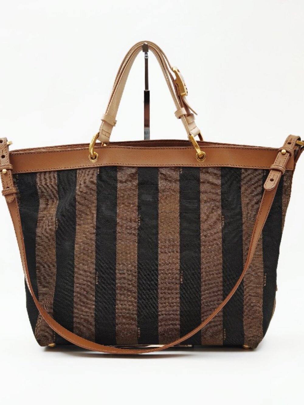 Fendi Brown Black Stripe Canvas Tote Bag Leather Handle Shoulder